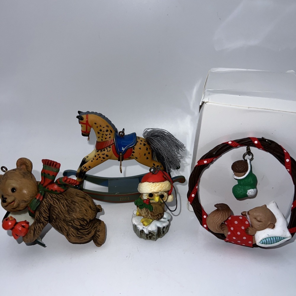 Vintage Hallmark Keepsake Ornament Lot of 4 1980s Animals Rocking Horse Bear
